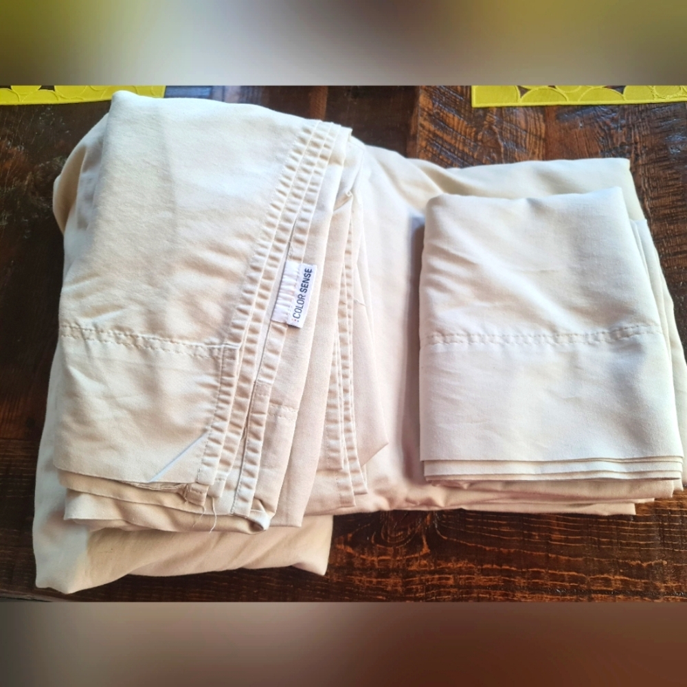 Color Sense King Tan Beige Cream Sheet Set Flat Fitted 2 Pillowcases EUC